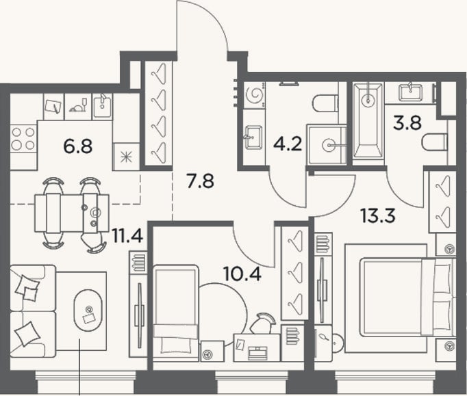 Планировка: 3-к, 57,7 м²