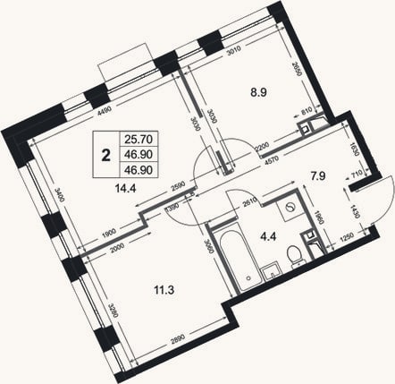 Планировка: 2-к, 46,9 м²