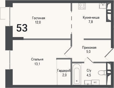 Планировка: 2-к, 44,4 м²