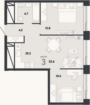 Планировка: 3-к, 52,6 м²