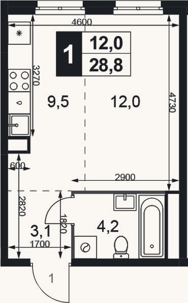 Планировка: Студия, 28,8 м²