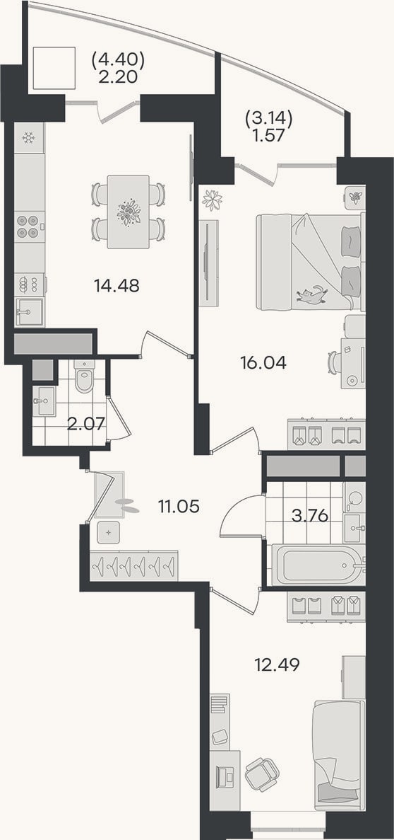 Планировка: 2-к, 59,9 м²