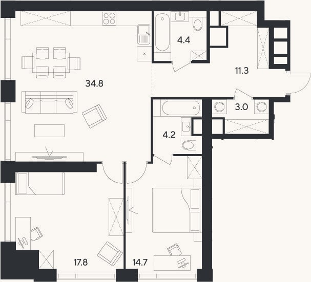 Планировка: 3-к, 90,2 м²