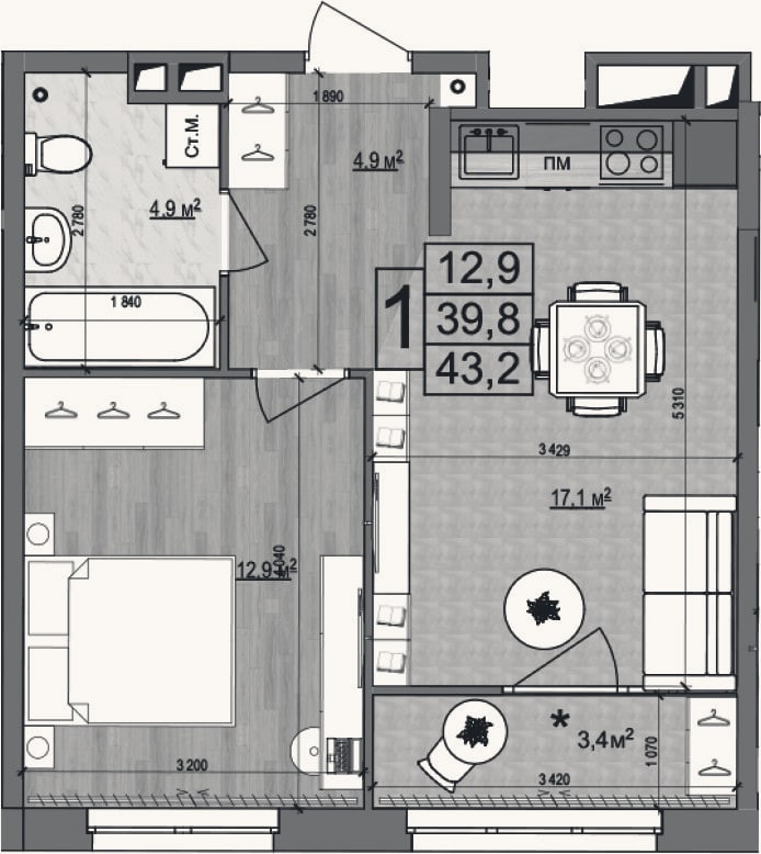 Планировка: 2-к, 39,8 м²