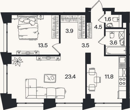 Планировка: 2-к, 70 м²