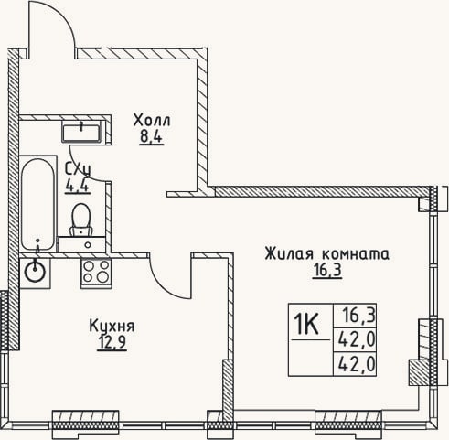 Планировка: 1-к, 42 м²