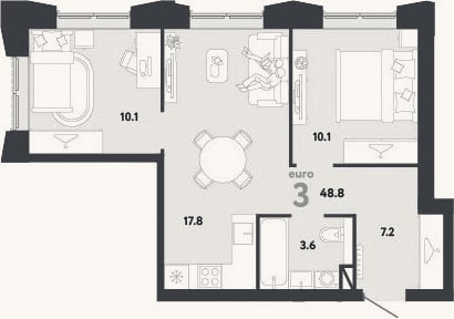 Планировка: 3-к, 48,8 м²