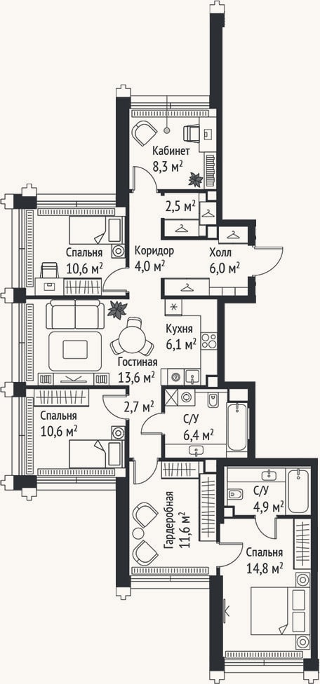 Планировка: 4+ к, 102,1 м²