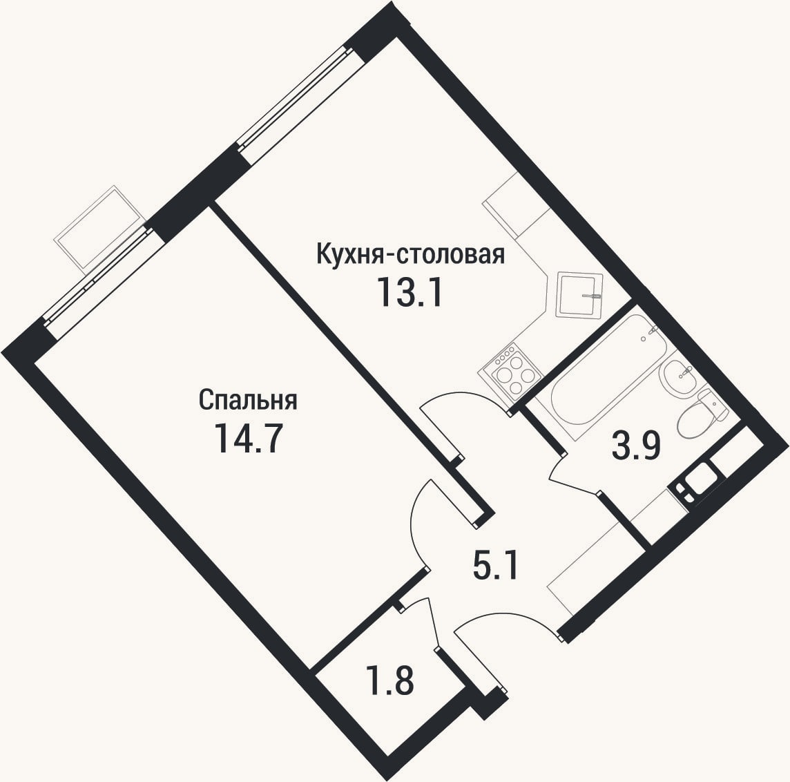 Планировка: 1-к, 38,6 м²