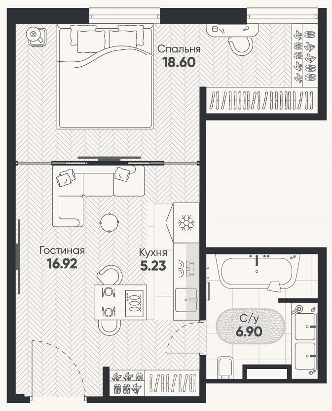 Планировка: 2-к, 46,6 м²