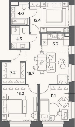 Планировка: 4+ к, 74,2 м²