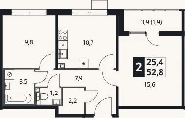 Планировка: 2-к, 50,9 м²