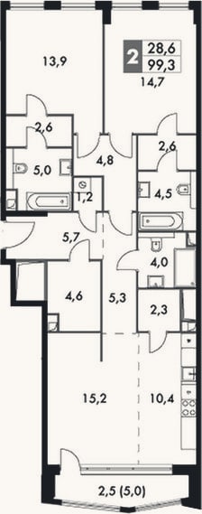 Планировка: 3-к, 96,8 м²