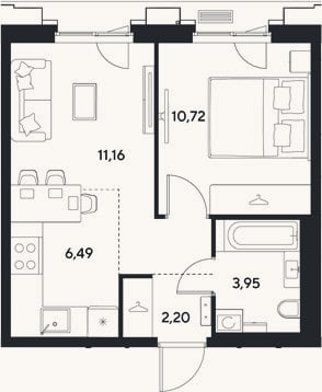 Планировка: 2-к, 34,5 м²