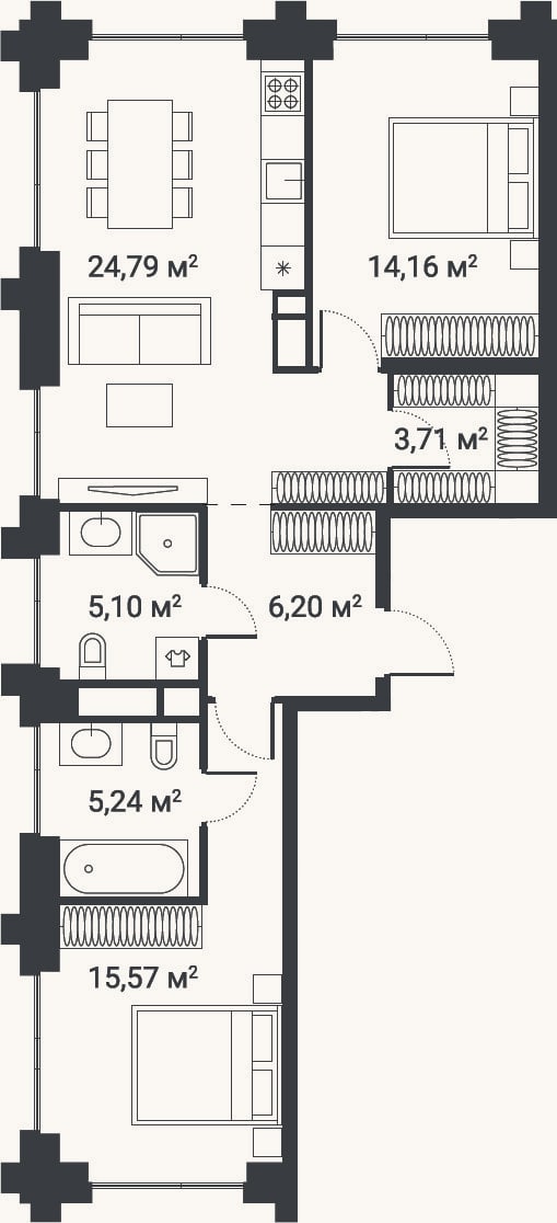 Планировка: 3-к, 72,8 м²