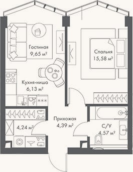Планировка: 2-к, 44,6 м²
