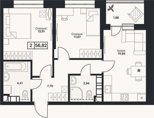 Планировка: 2-к, 55 м²