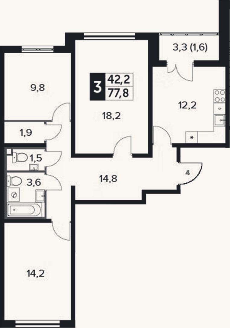 Планировка: 3-к, 76,2 м²
