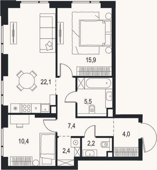 Планировка: 3-к, 69,9 м²