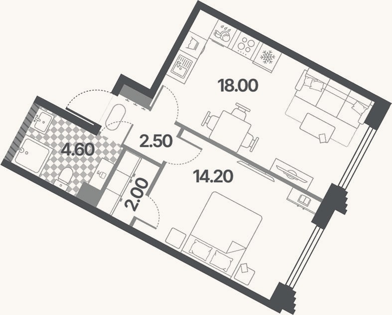 Планировка: 2-к, 41,3 м²