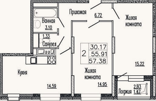Планировка: 2-к, 56,8 м²