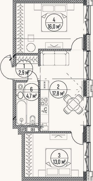 Планировка: 3-к, 54,4 м²