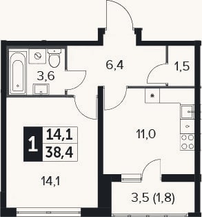 Планировка: 1-к, 36,6 м²