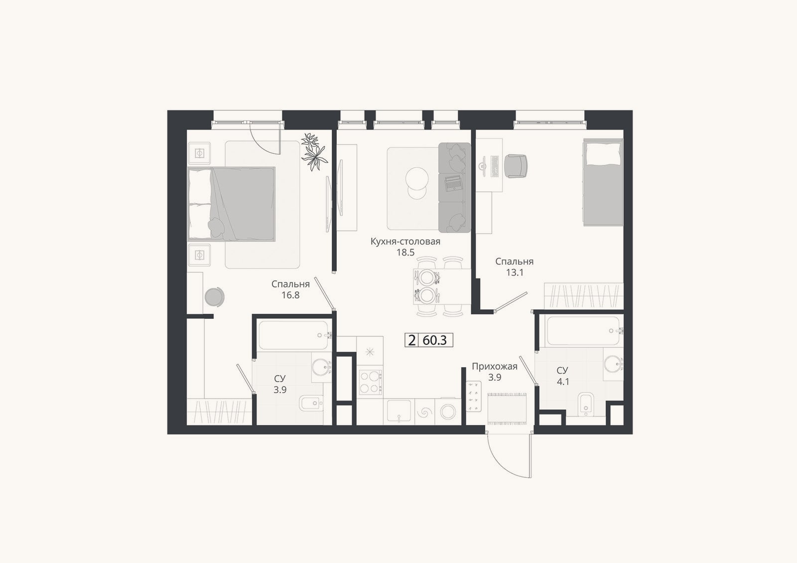 Планировка: 3-к, 60,3 м²