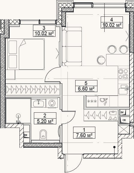 Планировка: 2-к, 39,4 м²
