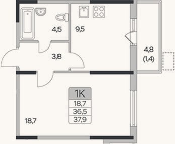 Планировка: 1-к, 36,5 м²