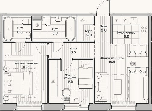 Планировка: 3-к, 60,7 м²