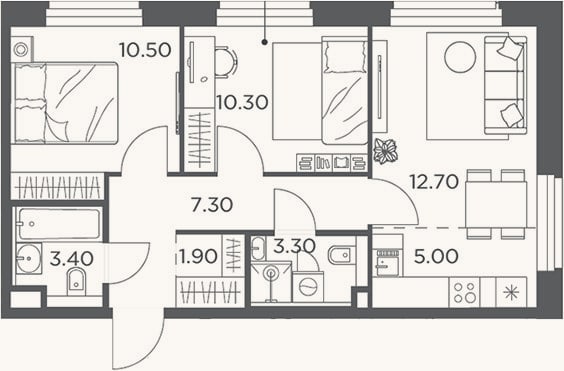 Планировка: 3-к, 54,4 м²