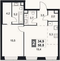 Планировка: 2-к, 58,8 м²