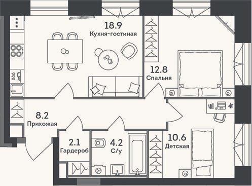 Планировка: 3-к, 56,8 м²