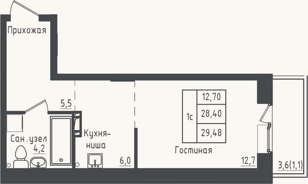 Планировка: Студия, 28,4 м²