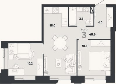 Планировка: 3-к, 48,6 м²