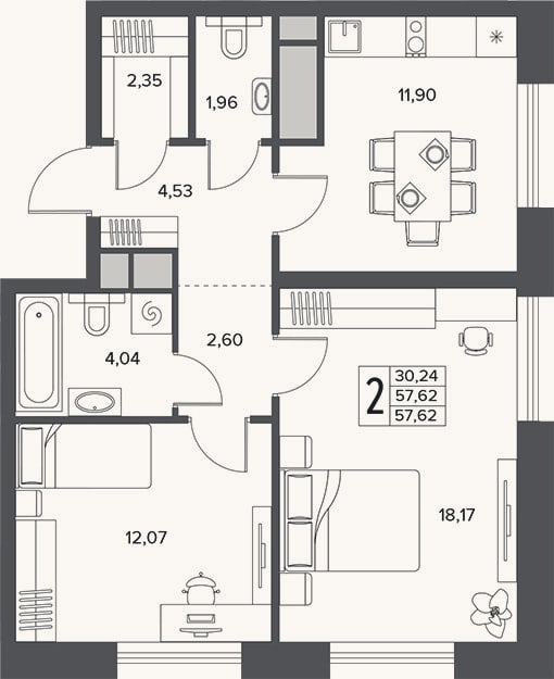Планировка: 2-к, 57,6 м²