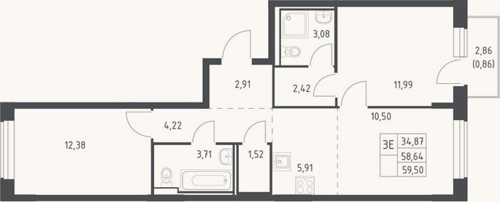 Планировка: 3-к, 58,6 м²