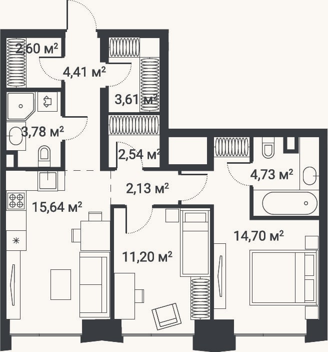 Планировка: 3-к, 65,3 м²