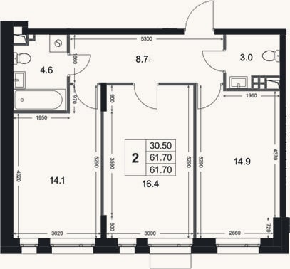 Планировка: 2-к, 61,7 м²