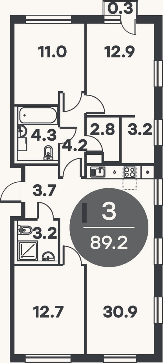 Планировка: 3-к, 88,9 м²