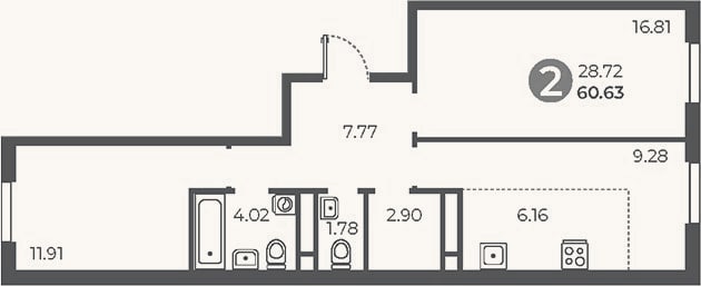 Планировка: 2-к, 60,6 м²