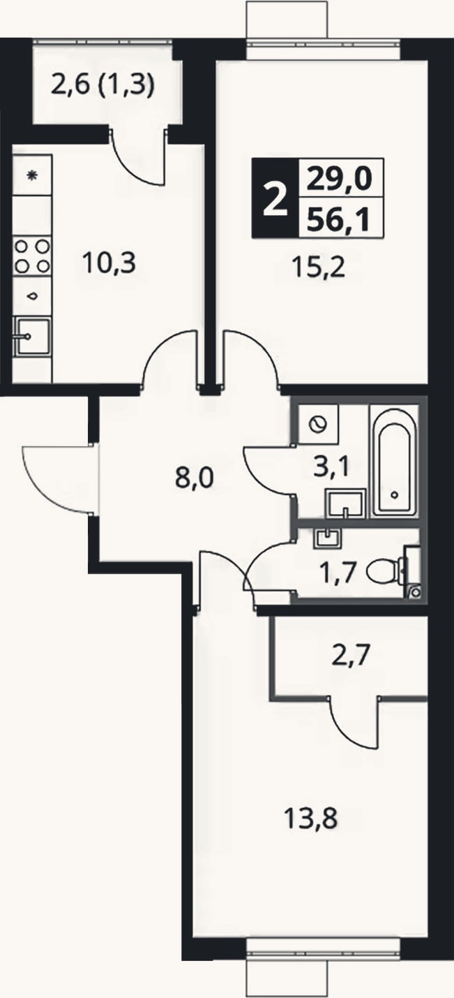 Планировка: 2-к, 54,8 м²