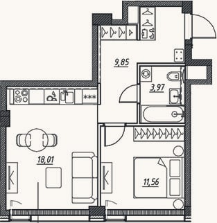 Планировка: 2-к, 43,5 м²