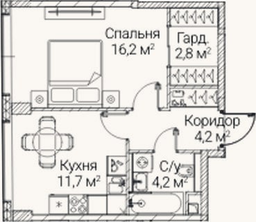 Планировка: 1-к, 39,1 м²