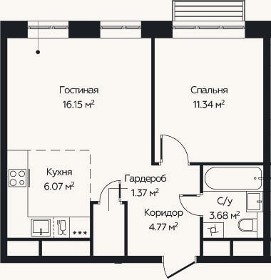 Планировка: 2-к, 43,4 м²
