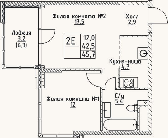 Планировка: 2-к, 42,5 м²