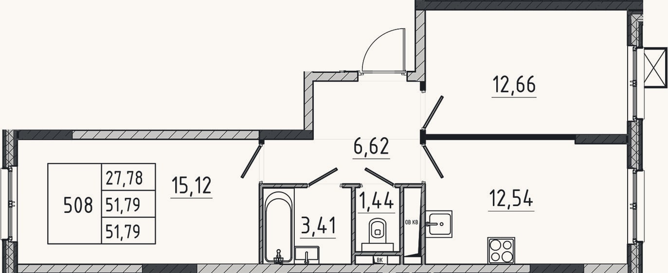 Планировка: 2-к, 51,8 м²
