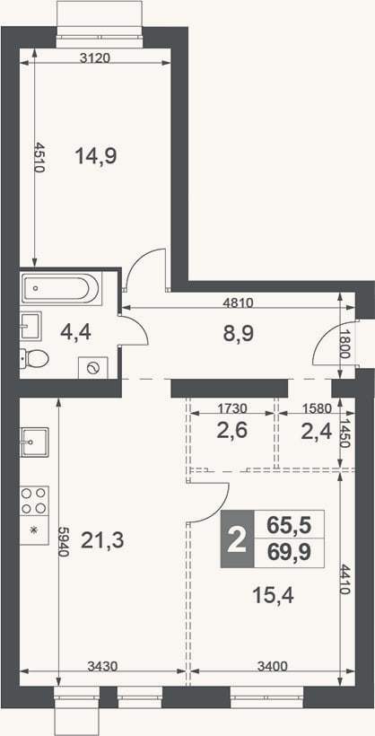 Планировка: 2-к, 69,9 м²
