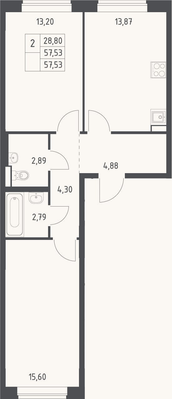 Планировка: 2-к, 57,5 м²